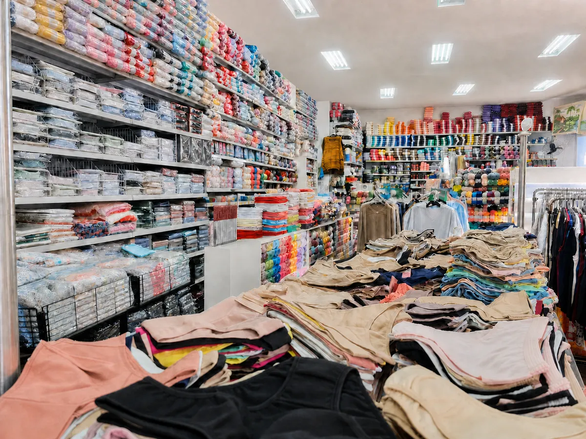 Corredor de aviamentos e vestuário no Bazar Odete